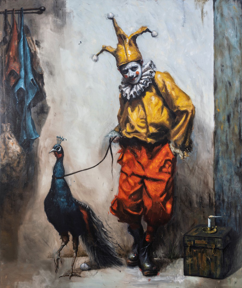 Der Harlekin führt die Kunst | Mike Büchel, 2026 | Öl auf Leinwand, 170 x 140 | © Privatsammlung